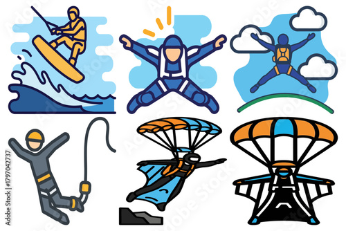 Extreme Sports Adventure Icons Set: Wakeboarding, Skydiving, Bungee Jumping, Wingsuit, Paragliding. Thrilling Outdoor Activities Vector Illustration