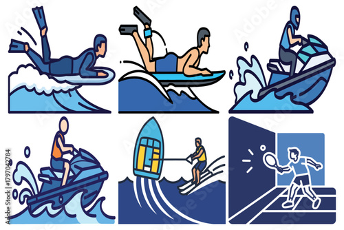 Summer Water Sports and Indoor Racquetball Activities Vector Icon Set