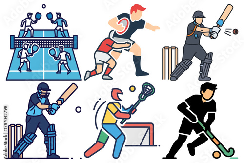 Sports Icons Set: Padel, Rugby, Cricket, Lacrosse, Field Hockey Vector Illustrations