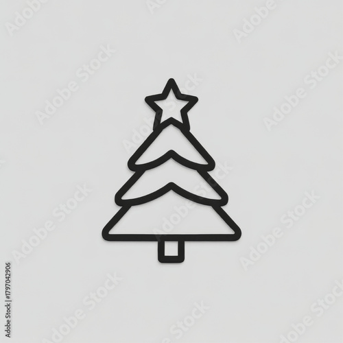 Minimalist Christmas tree icon with star, clean, holiday illustration, in black and white.