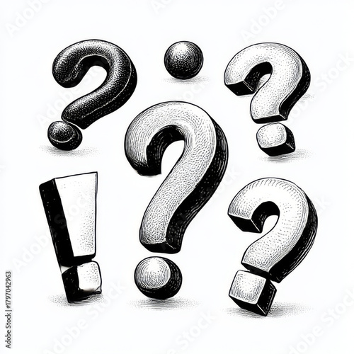 Variety of question marks and exclamation points, inquisitive, conceptual inquiry, in black and white.
