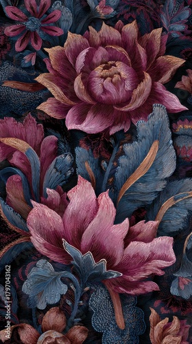 Captivating floral composition with textured petals and leaves, showcasing a color palette of pinks, blues, and bronze tones on dark backdrop.