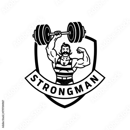 A vintage-style black and white illustration of a mustachioed strongman lifting a barbell, set within a shield