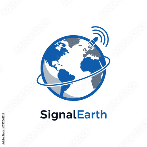 A globe with continents and surrounding orbit lines and signal emitting device