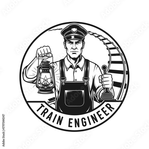 A monochrome illustration of a train engineer holding a lantern and lever, within a circular frame