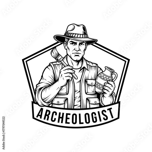 An archeologist, sporting a hat and vest, holds a brush and pottery, badge style