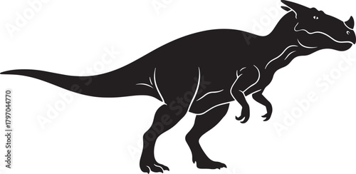 A striking black silhouette of a ceratopsian dinosaur in profile view