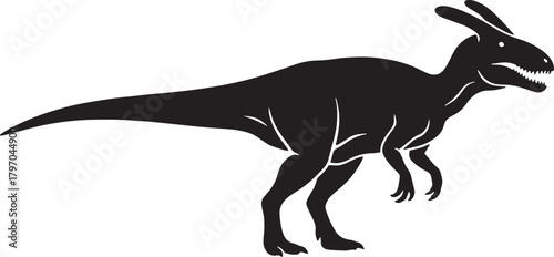 Silhouette of a dinosaur possibly a hadrosaur in a black and white style