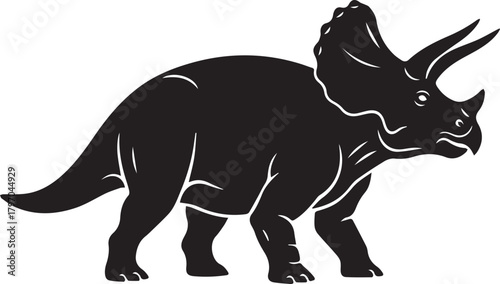 A striking black silhouette of a triceratops dinosaur in profile view