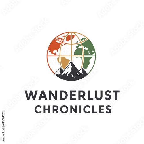 A globe with color-filled landmasses is above mountain peaks, below is bold text