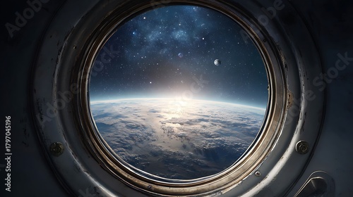 Fototapeta Naklejka Na Ścianę i Meble -  Earth and Stars View From a Spaceship Window During Sunrise