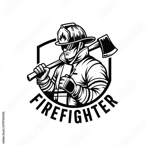 A monochrome illustration of a firefighter with axe over shoulder, within a hexagon with the word "Firefighter" below