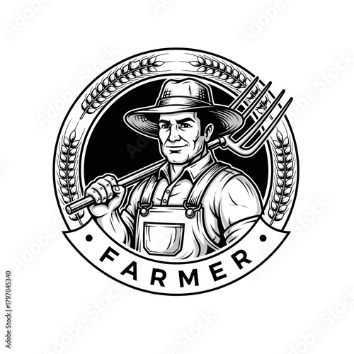 A monochrome illustration of a farmer wearing overalls and a hat, holding a pitchfork