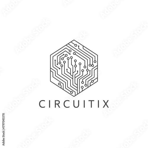 Hexagonal circuit board design with connecting lines and nodes, with the word "CIRCUITIX" below