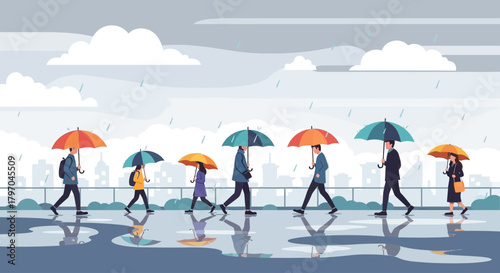 Flat vector illustration of rainy season scene with people walking under