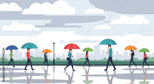 Flat vector illustration of rainy season scene with people walking under
