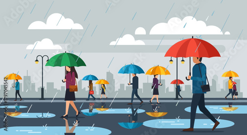 Flat vector illustration of rainy season scene with people walking under