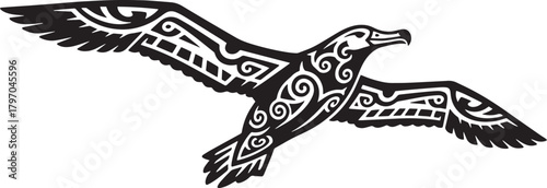 An elegant black and white illustration of a soaring tribal style bird
