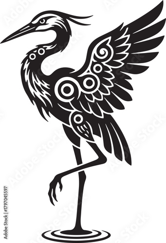 Elegant heron illustration with intricate tribal patterns in black and white