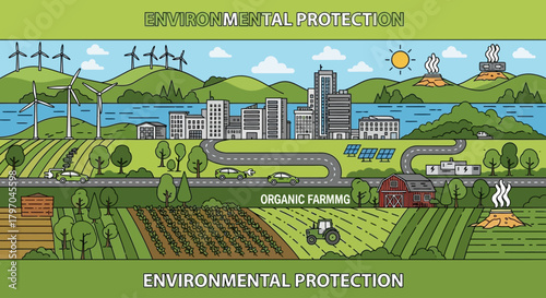 Green rural and urban community illustration, renewable energy sources