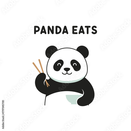 A cartoon panda enjoying a meal with chopsticks, holding a bowl, and smiling on a white background