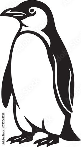 A simple black and white illustration of a penguin in profile view