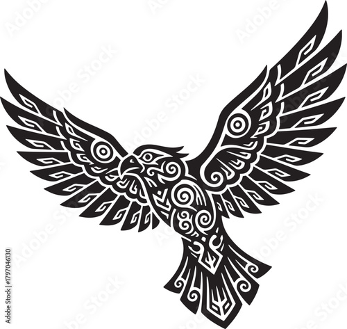 A striking black and white illustration of a tribal style eagle in flight