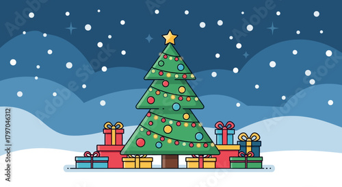 Flat vector Christmas scene with decorated tree, gifts, lights, snow background
