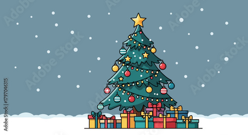 Flat vector Christmas scene with decorated tree, gifts, lights, snow background