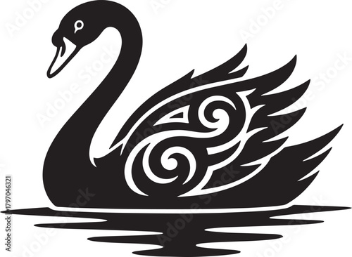 Elegant black swan with intricate tribal patterns gracefully gliding on water