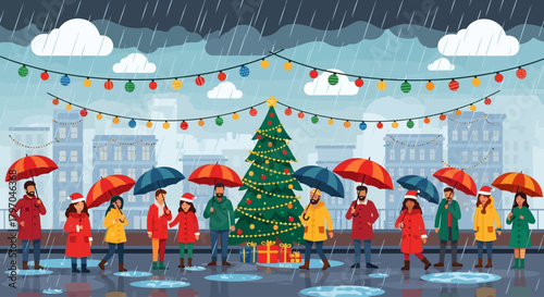 Flat vector illustration of Christmas celebration during rainy season