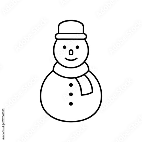 Simple line drawing of a snowman with hat and scarf on transparent background