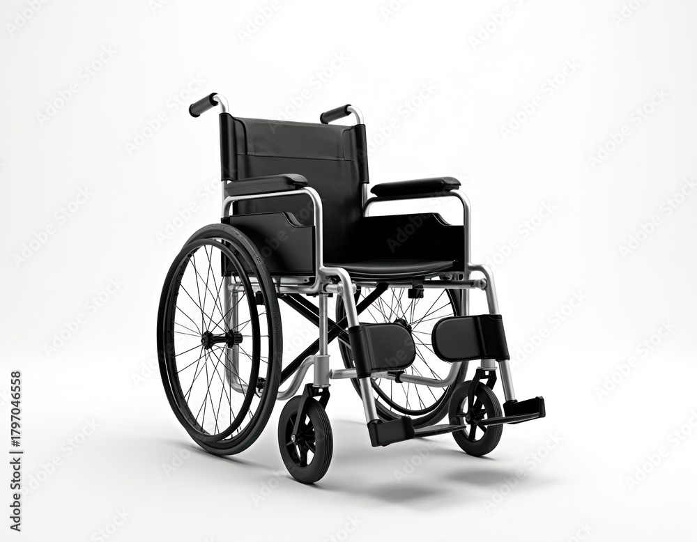 Fototapeta premium Medical transport chair with large rear wheels, smaller front casters on white background. Mobility aid essential for patients with injuries, illness, disability. Provides independence, mobility.