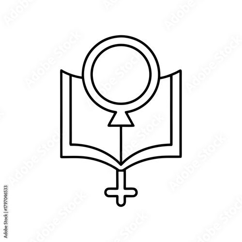 Outline drawing of a book with a female symbol on it on transparent background