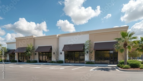 Fototapeta Naklejka Na Ścianę i Meble -  Modern commercial building with storefronts, offices available for lease sale. Exterior shot clean architecture, ample parking, ideal for new businesses seeking retail office space in suburban