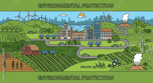 Green rural and urban community illustration, renewable energy sources, 