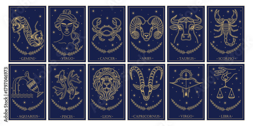 Set of stylized twelve zodiac signs in cartoon style. Vector illustration of different zodiac signs: Libra, Virgo, Cancer, Aries, Taurus, Scorpio, Aquarius, Pisces, Leo, Capricorn, Sagittarius, Libra.