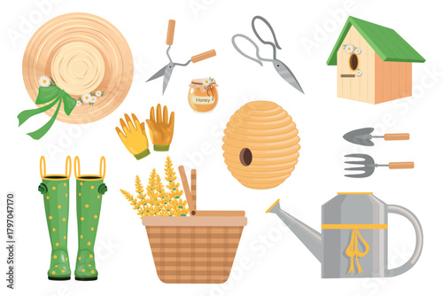 Set of tools, items for gardening in cartoon style. Vector illustration: hat, gloves, jar of honey, beehive, garden shears, bird feeder, rubber boots, basket, watering can, garden spade, pitchfork.