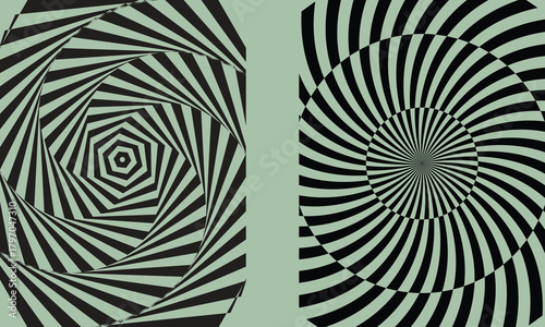Two contrasting optical illusion patterns with black and white stripes creating a sense of movement and depth
