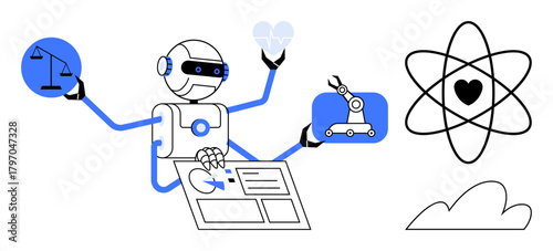 Robot multitasking with ethics scale, robotic arm, medical heart, atomic heart, and data sheet. Ideal for AI ethics, automation, technology, healthcare innovation education and future progress