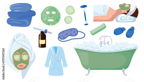 Set of spa care in cartoon style. Vector illustration of women's spa rituals at home: towels, sheet mask, cucumbers, roller massager, serum, sleeping mask, slippers, comb, bathrobe, foam bath.
