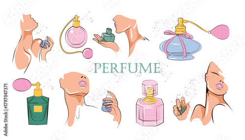 Set of exquisite perfumes in cartoon style. Vector illustration of beautiful women holding, spraying perfume, pleasant aromas, bottles of different shapes, designs isolated on white background.