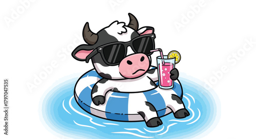 Cool Cow Wearing Sunglasses Floating on an Inflatable Ring in Water
