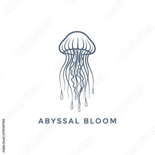 A monochrome illustration of a jellyfish with flowing tentacles, and the words "ABYSSAL BLOOM" below