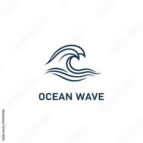 A minimalist logo of a wave in dark blue with text "OCEAN WAVE" beneath. The background is white