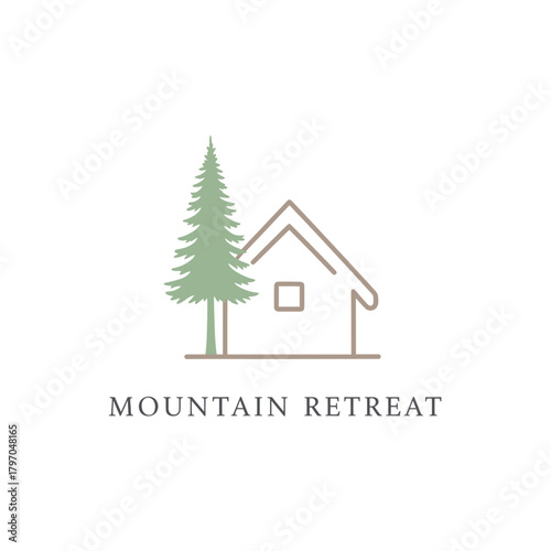 A minimalist logo featuring a cabin silhouette next to a conifer tree, with text at the bottom