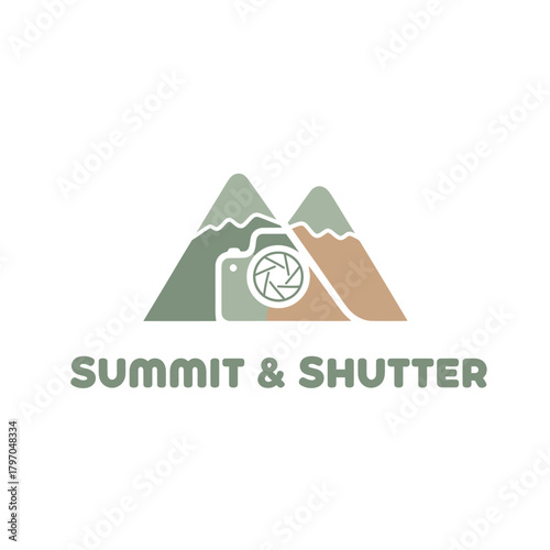 Stylized photography logo featuring two mountains, a camera lens, and accompanying text