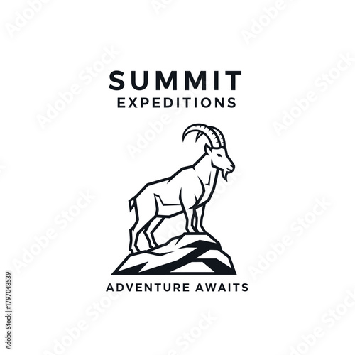 A linear illustrated logo featuring an alpine goat standing atop jagged rock, evoking exploration