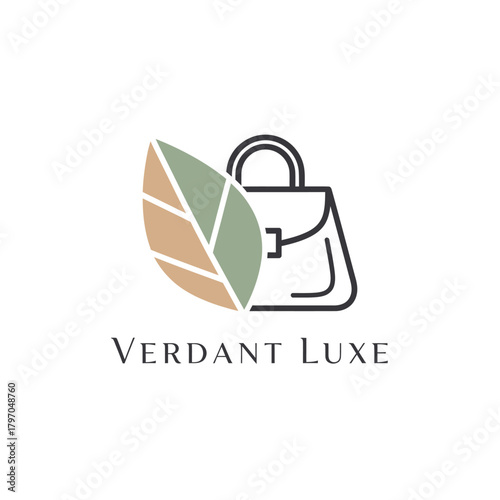 Minimalist logo features a leaf and a bag, blending nature and style, with stylized font at the bottom