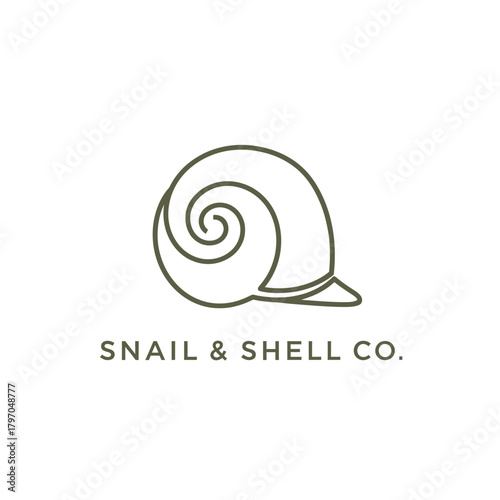 A minimalist illustration of a snail shell with a circular design. Text is placed underneath